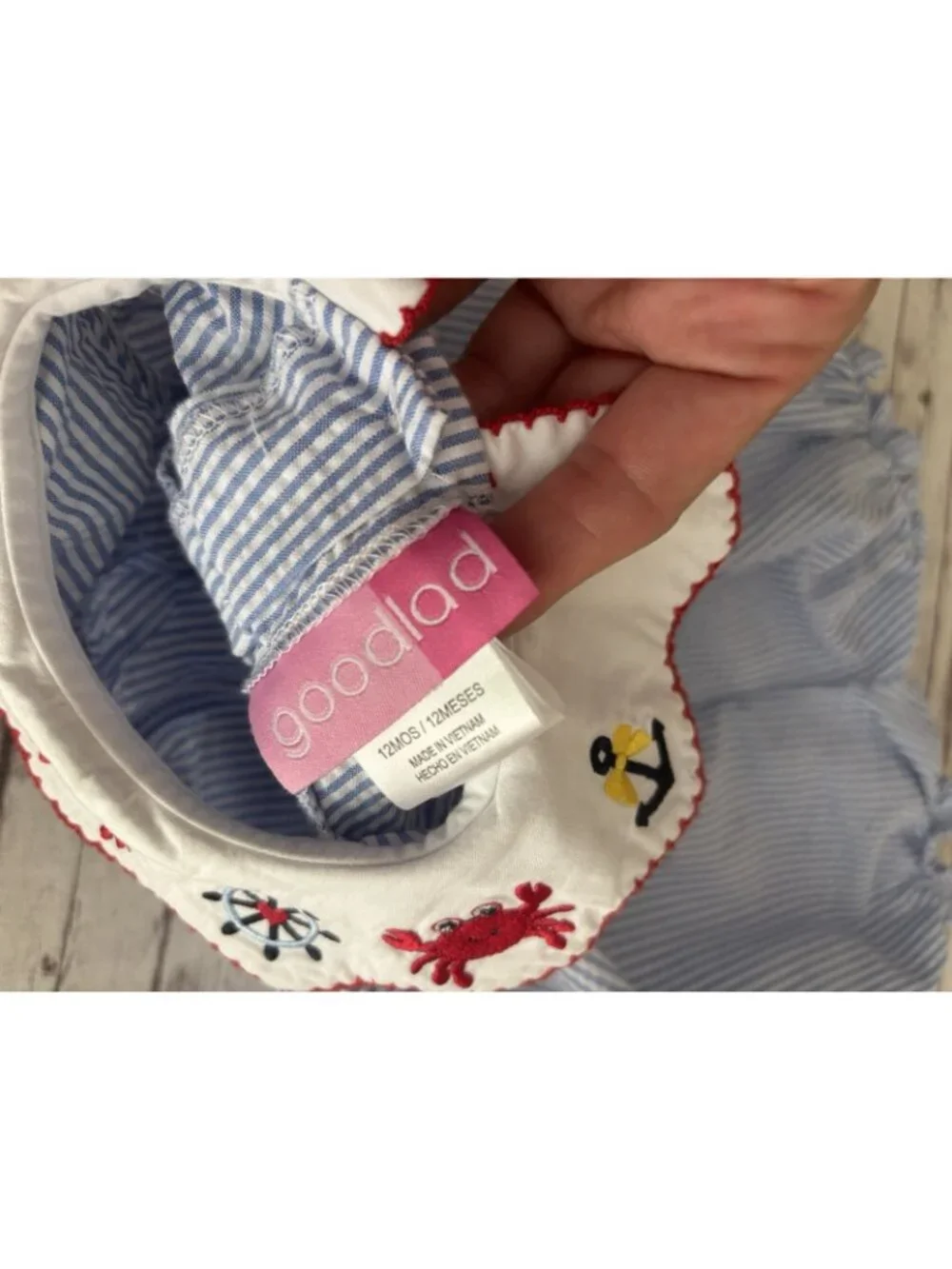 Good Lad 12 Month Blue White Striped Cotton Romper Crab Anchor Embroidered Beach